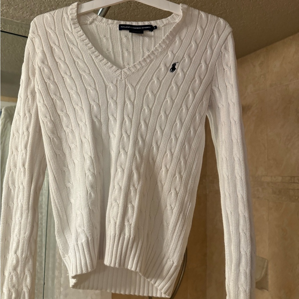 Ralph Lauren Women's Ivory V-Neck Cable Knit Sweater